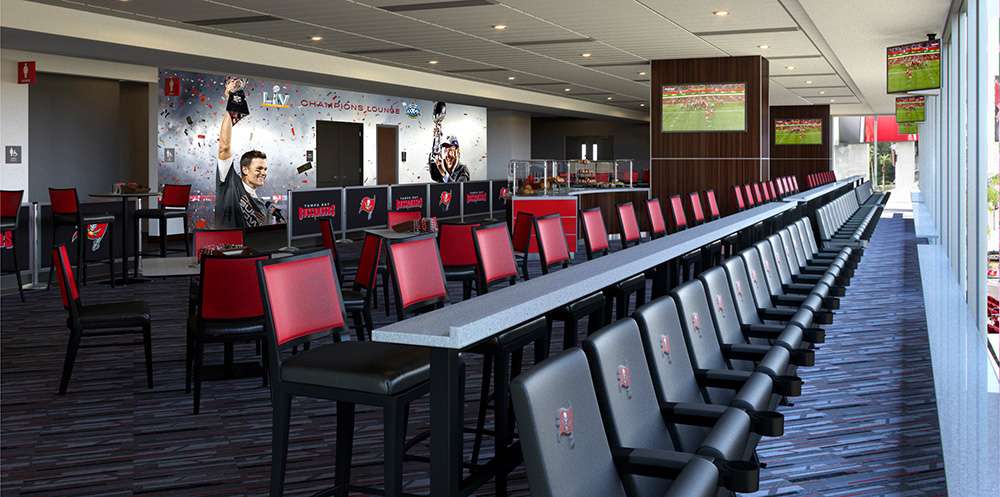 Seating in the AeroVanti Lounge at Raymond James Stadium.