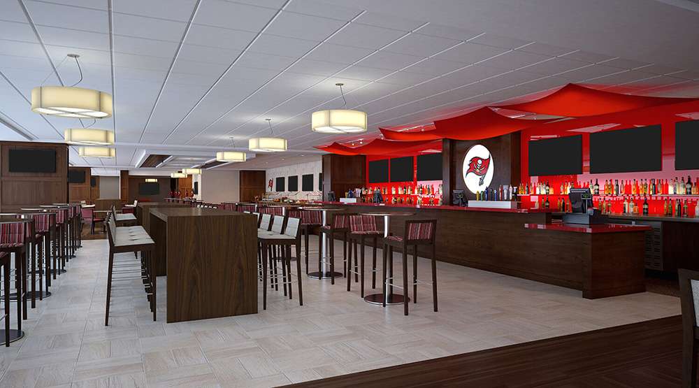 Premium bar and seating in the Hall of Fame Club at Raymond James Stadium.