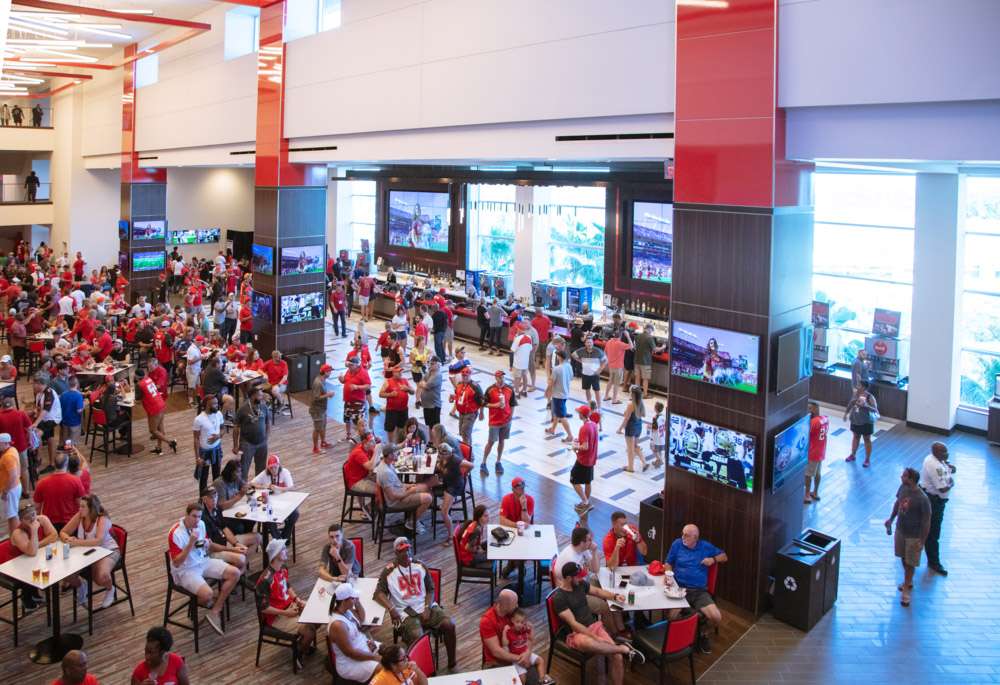 An elevated view of the Hyundai Club concourse at Raymond James Stadium.