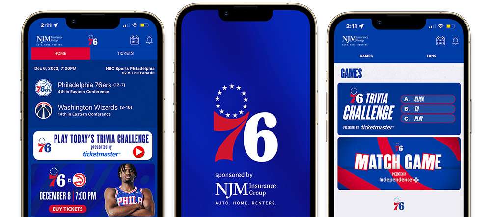 Mockup of the Philadelphia 76ers mobile app.