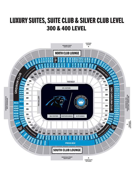 Map of the Suite and Club Levels at Bank of America Stadium, Charlotte.