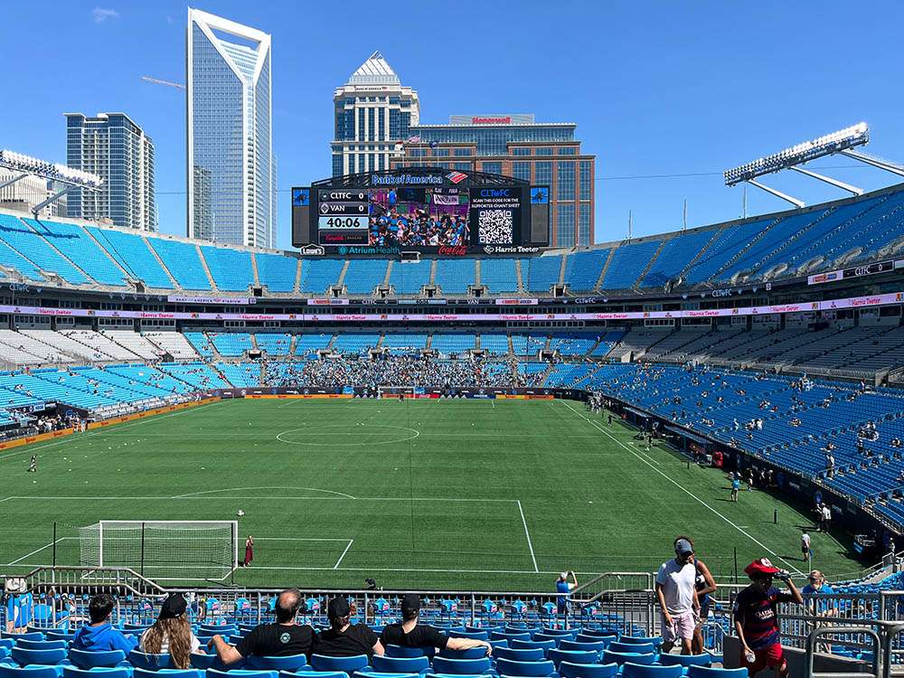 View of the large videoboard and Charlotte skyline at Bank of America Stadium, Charlotte.