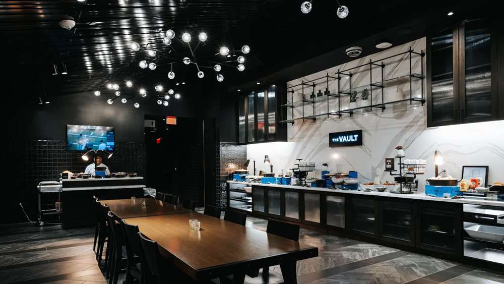 The food serving area of The Vault Club at Bank of America Stadium, Charlotte.