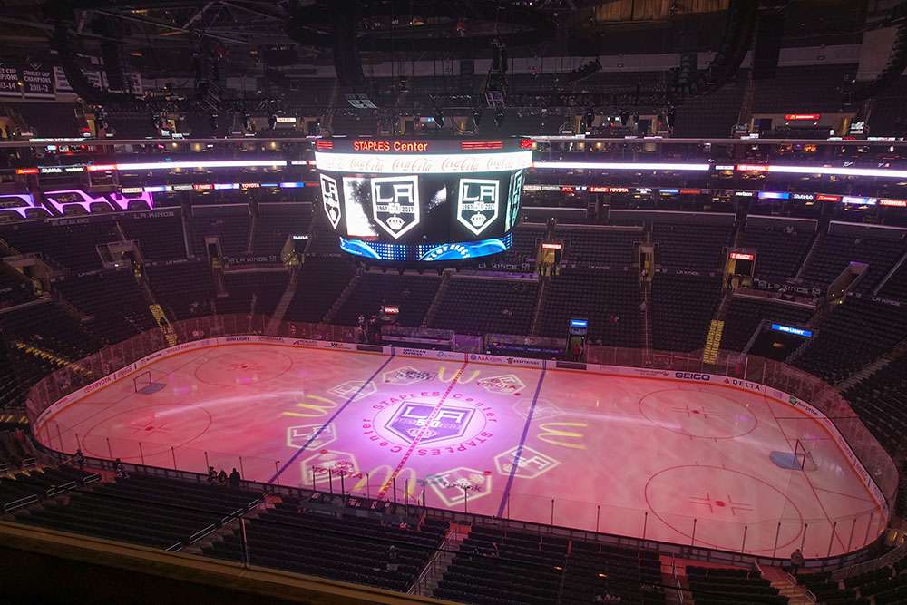 View of the ice ready for an LA Kings game at Crypto.com Arena, Los Angeles.