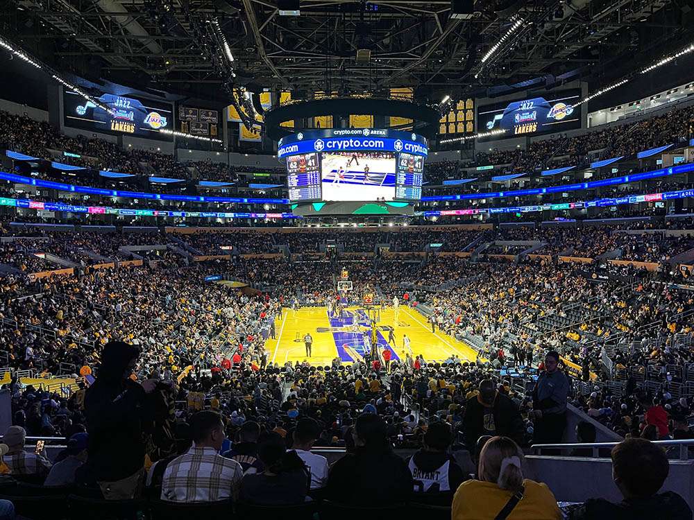 View of a packed Crypto.com Arena during an LA Lakers game.