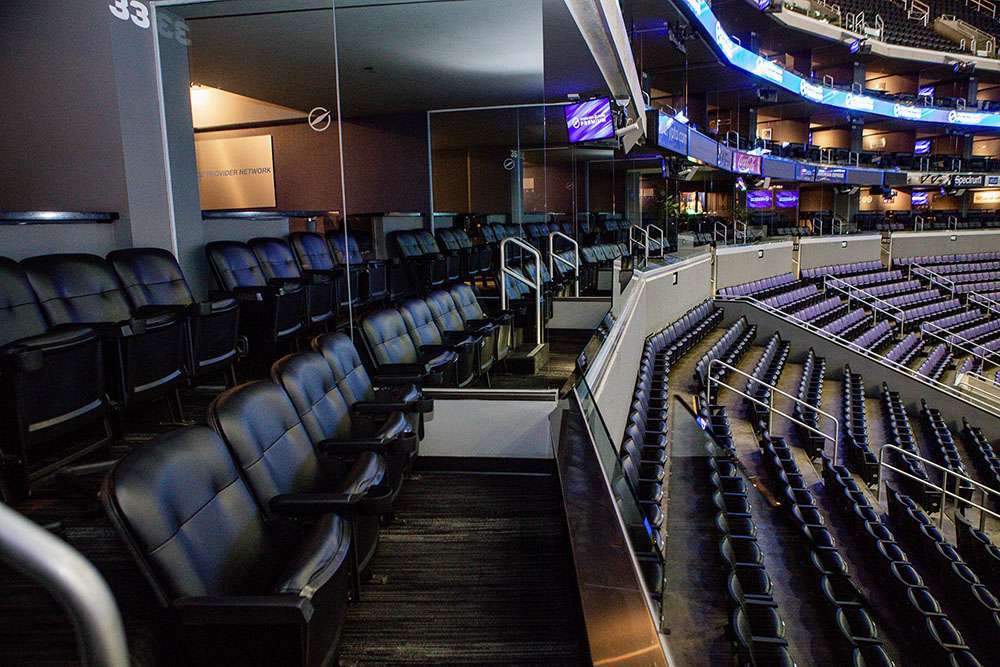 Stadium seating outside a Level A Suite at Crypto.com Arena, Los Angeles.