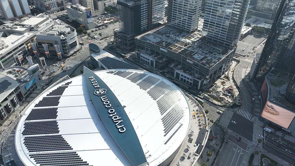 A view of Crypto.com Arena in Los Angeles, taken by a drone.