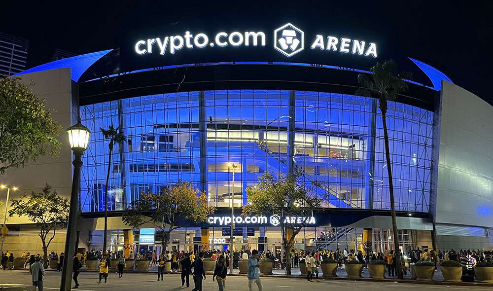 View of the front of Crypto.com Arena in Los Angeles.