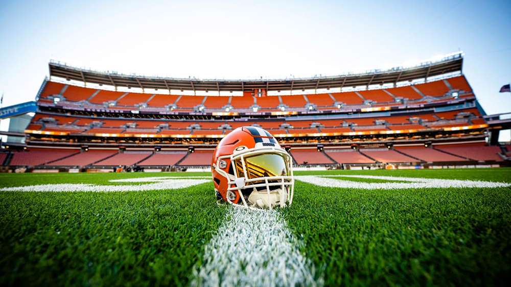 A Cleveland Browns helmet on the 50-yard line at Huntington Bank Field, Cleveland.