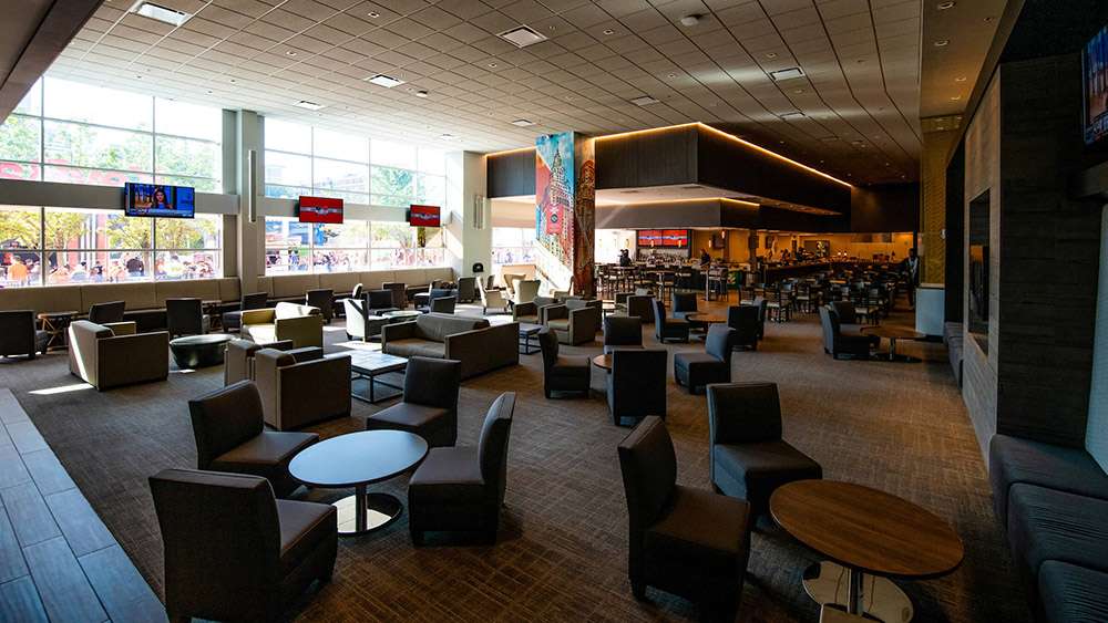 Lounge seating in the Cleveland Club at Huntington Bank Field, Cleveland.