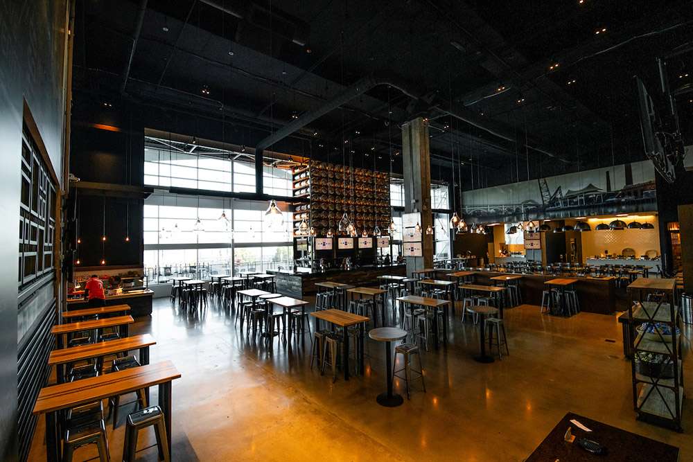 Bar tables at The Draft Room at Huntington Bank Field, Cleveland.