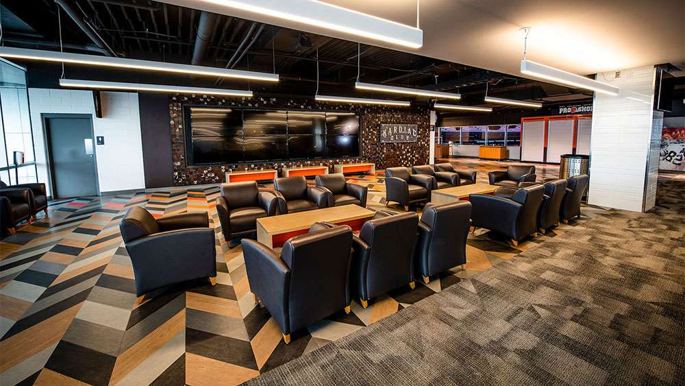 Lounge seating in The Kardiac Club at Huntington Bank Field, Cleveland.