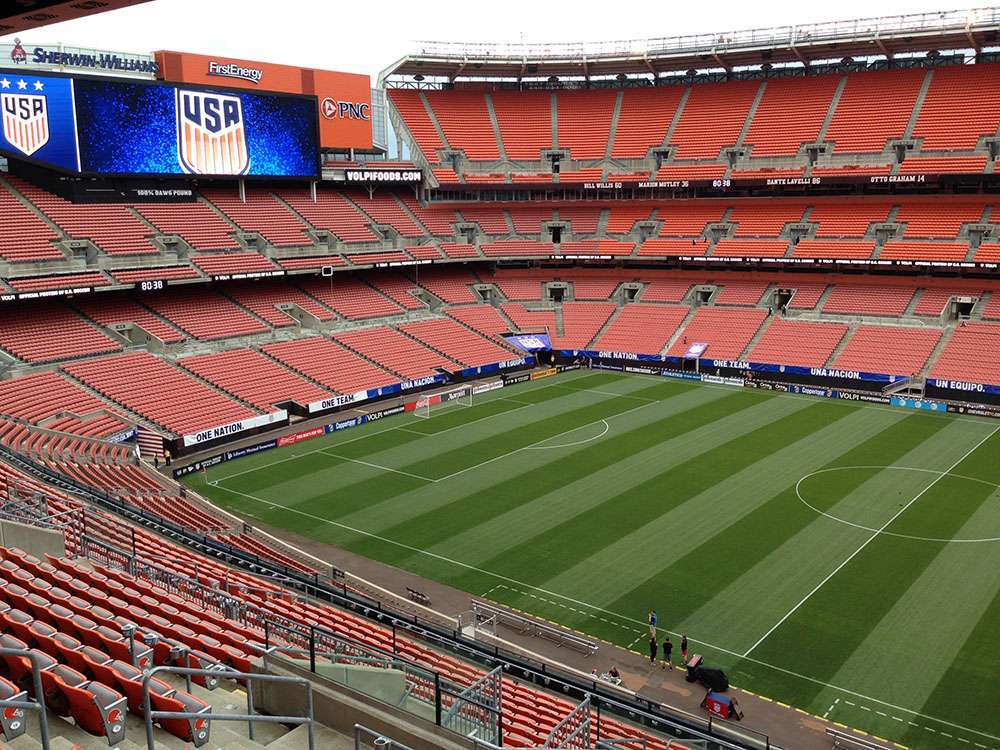 View of the field ready for a soccer game at Huntington Bank Field, Cleveland.