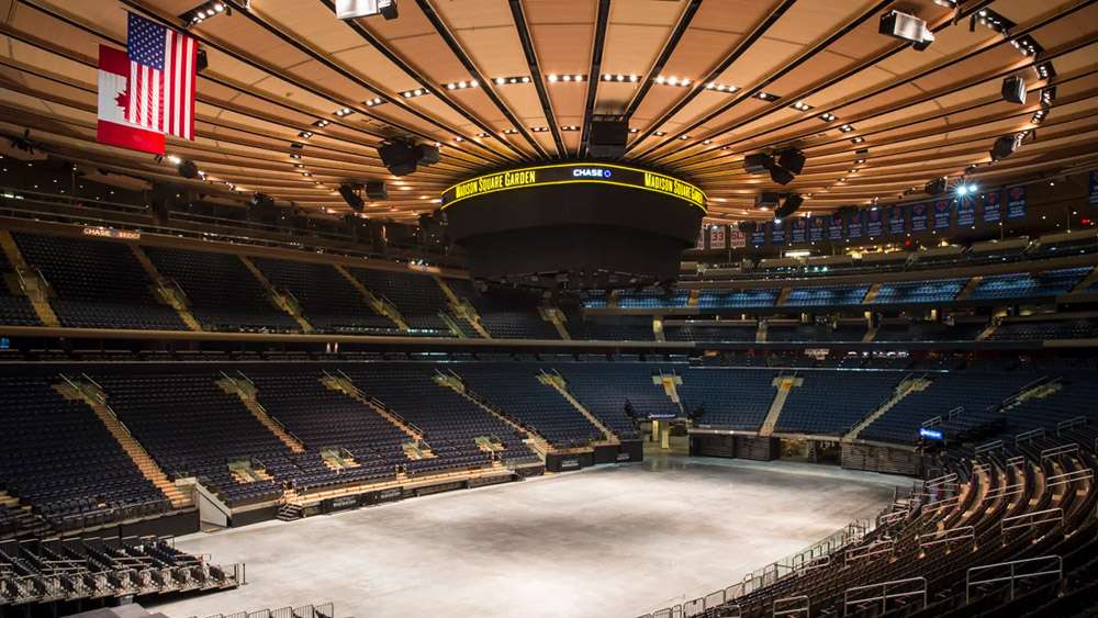 A view of the Madison Square Garden arena before a New York Rangers hockey match, showing the famous roof.