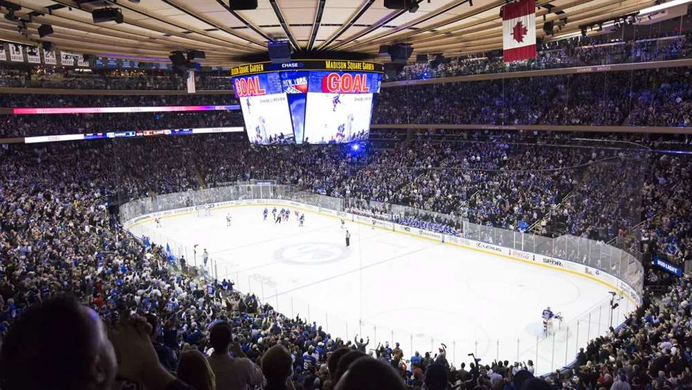 Photograph of a New York Rangers hockey game at Madison Square Garden, New York City.