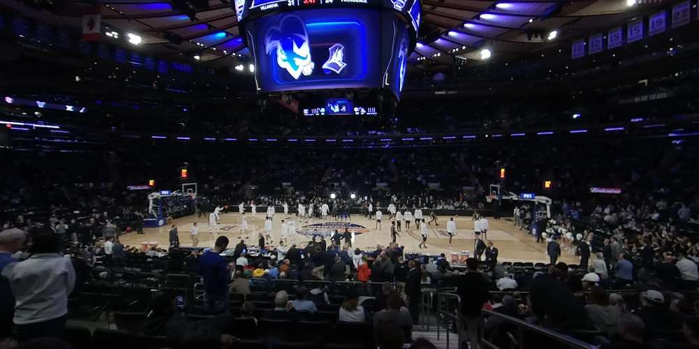 The view of a basketball game from Section 107/108 at Madison Square Garden, New York City.