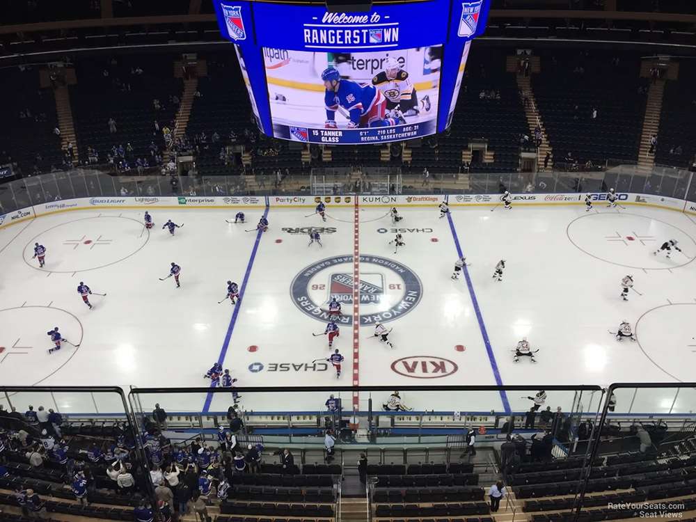 The view of a hockey game from Section 313 at Madison Square Garden, New York City.