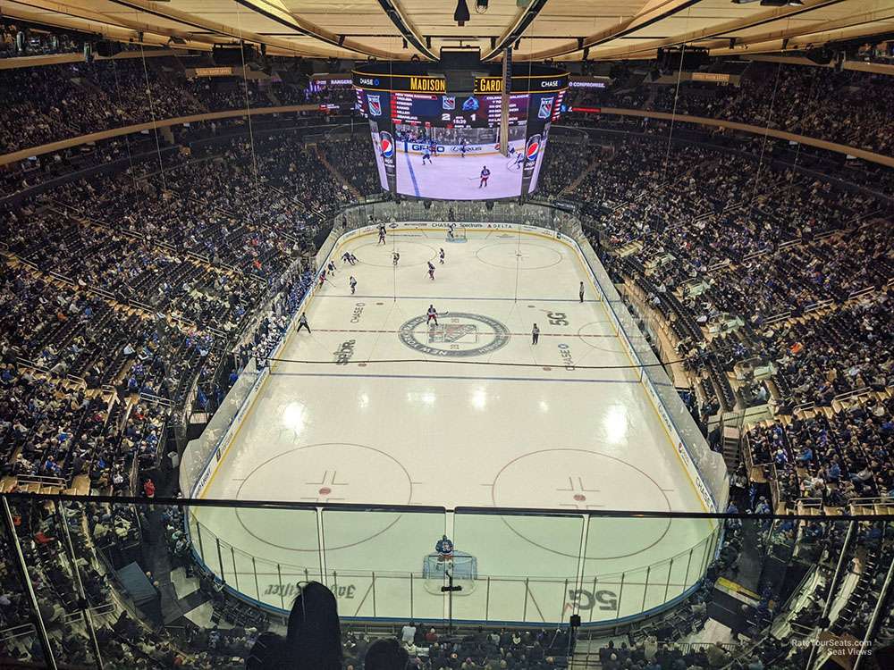 The view of a hockey game from Section 320 at Madison Square Garden, New York City.