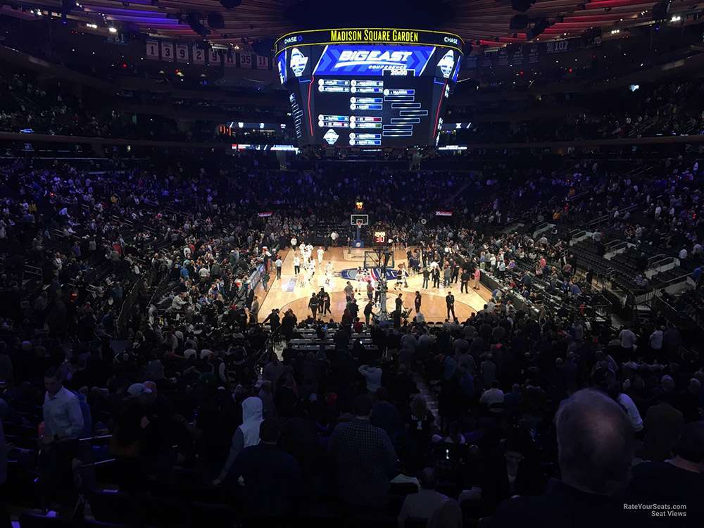 The view of a basketball game from Madison Club Section M62 at Madison Square Garden, New York City.