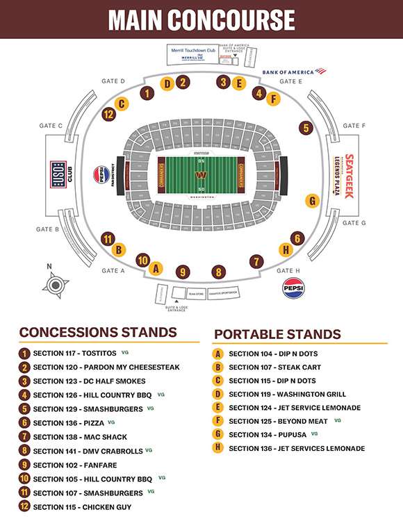 Diagram showing the concessions stands on the Main Concourse at Northwest Stadium, Landover.