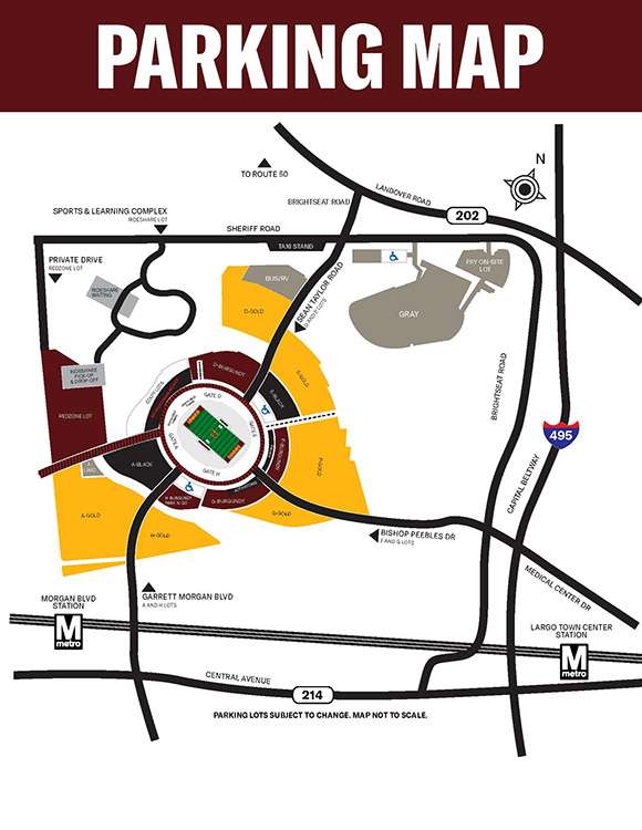 Map showing parking lots at Northwest Stadium, Landover.