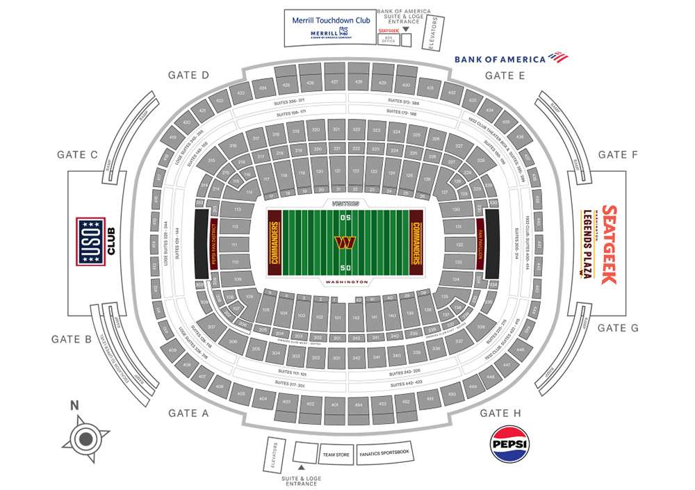 Seating chart for the Washington Commanders at Northwest Stadium, Landover.