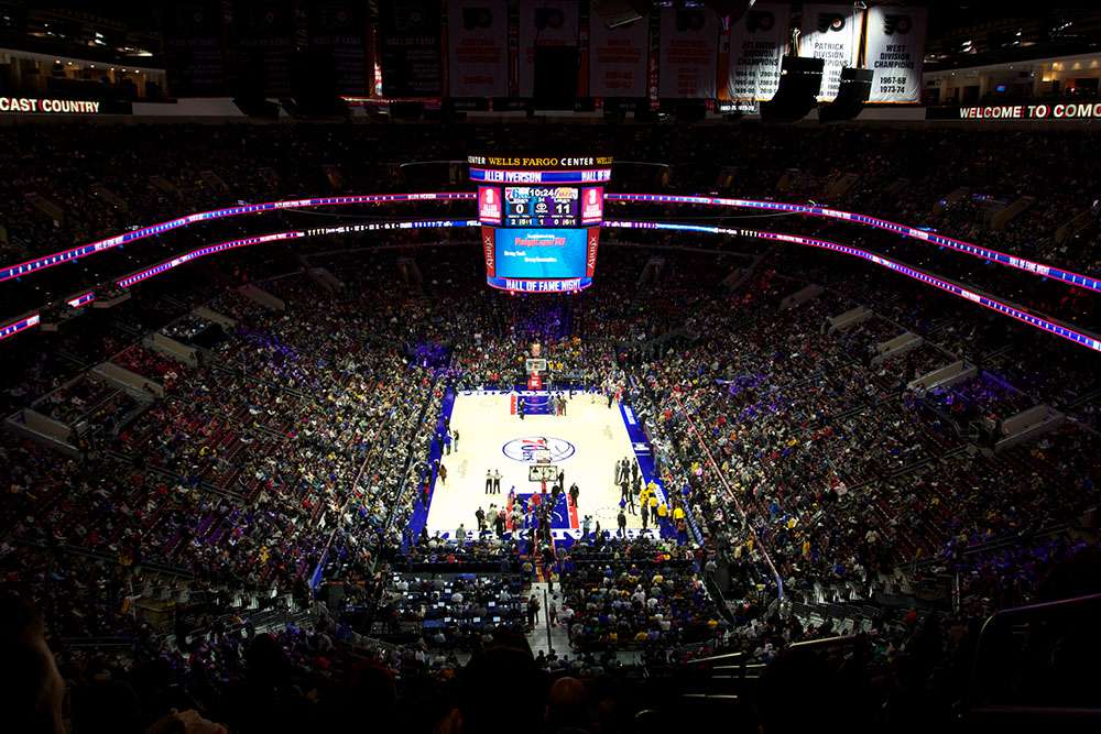 View of the 76ers basketball court and video score board at Wells Fargo Center, Philadelphia.