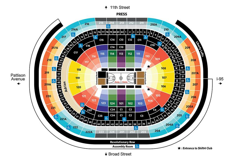 Seating chart for Philadelphia 76ers games at Wells Fargo Center, Philadelphia.