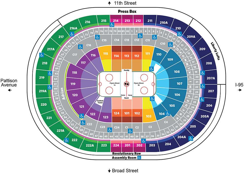 Seating chart for Philadelphia Flyers games at Wells Fargo Center, Philadelphia.