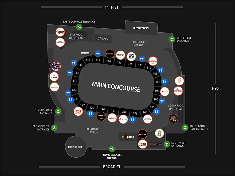 Map of the Main Concourse at Wells Fargo Center, Philadelphia, showing the location of entrances, concessions and restrooms.