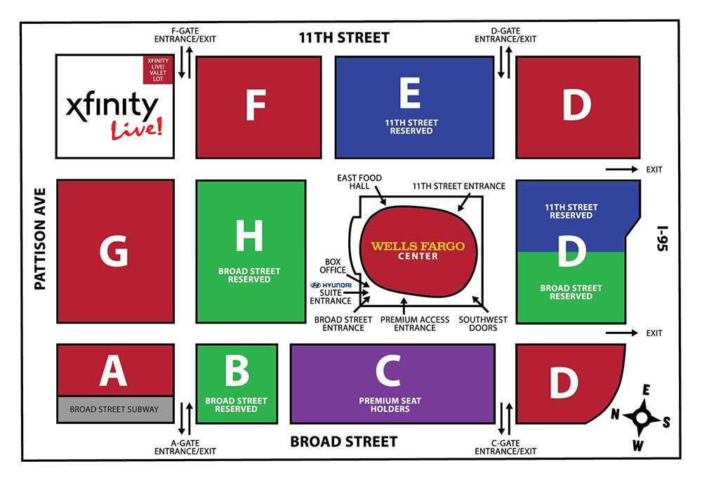 Map of the parking lots at Wells Fargo Center, Philadelphia.