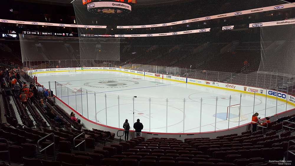 View from Lower Level section 105 for a hockey game at Wells Fargo Center, Philadelphia.