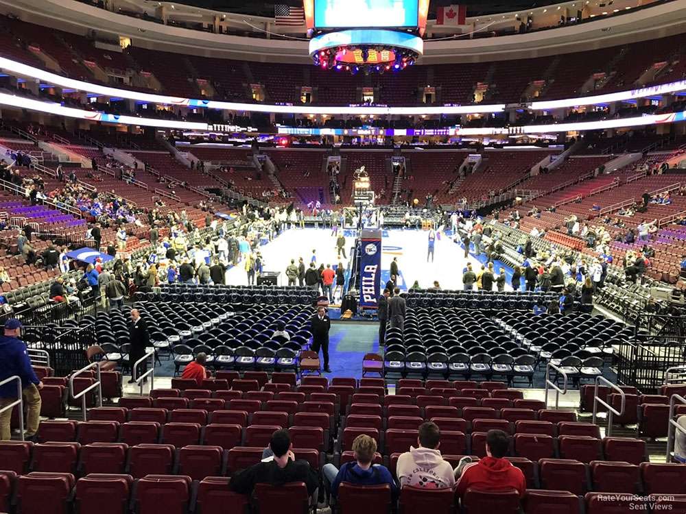 View from Lower Level section 107 for a basketball game at Wells Fargo Center, Philadelphia.