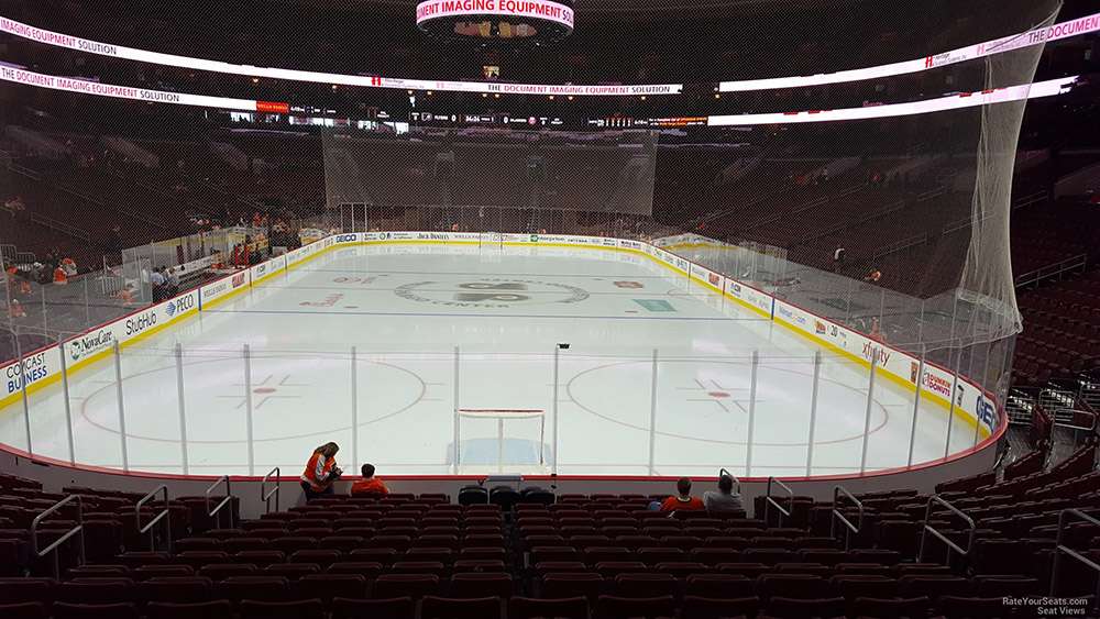 View from Lower Level section 107 for a hockey game at Wells Fargo Center, Philadelphia.