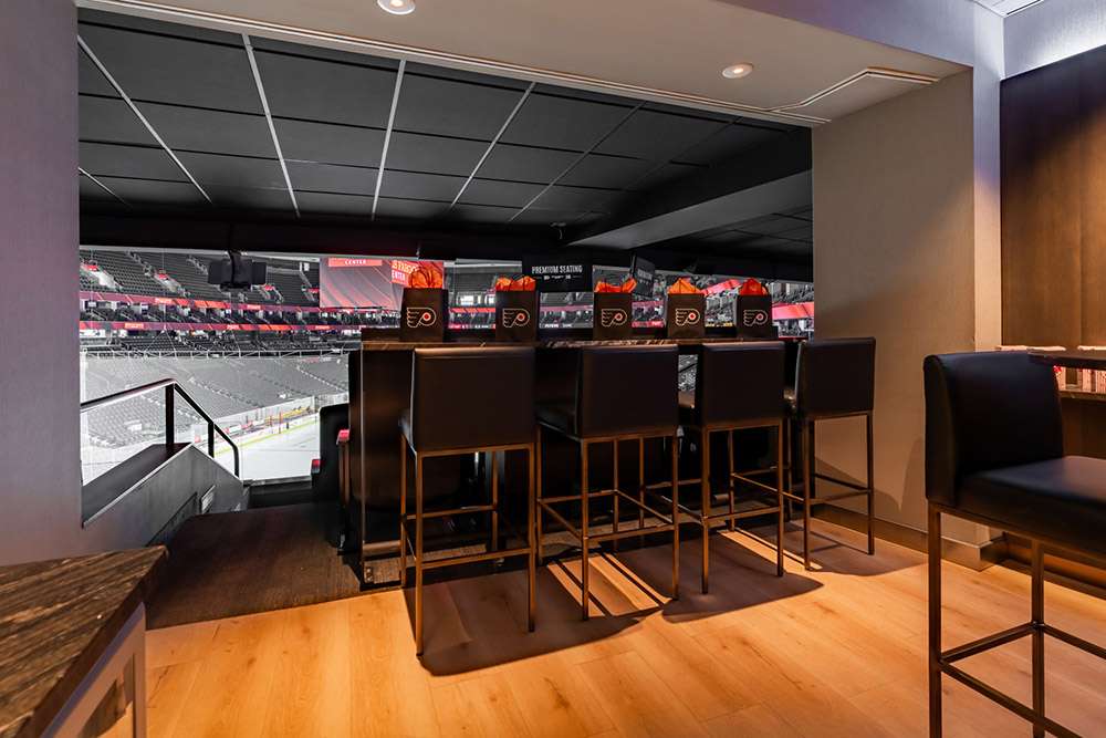 Bar-top seating in a Club Suite at Wells Fargo Center, Philadelphia.