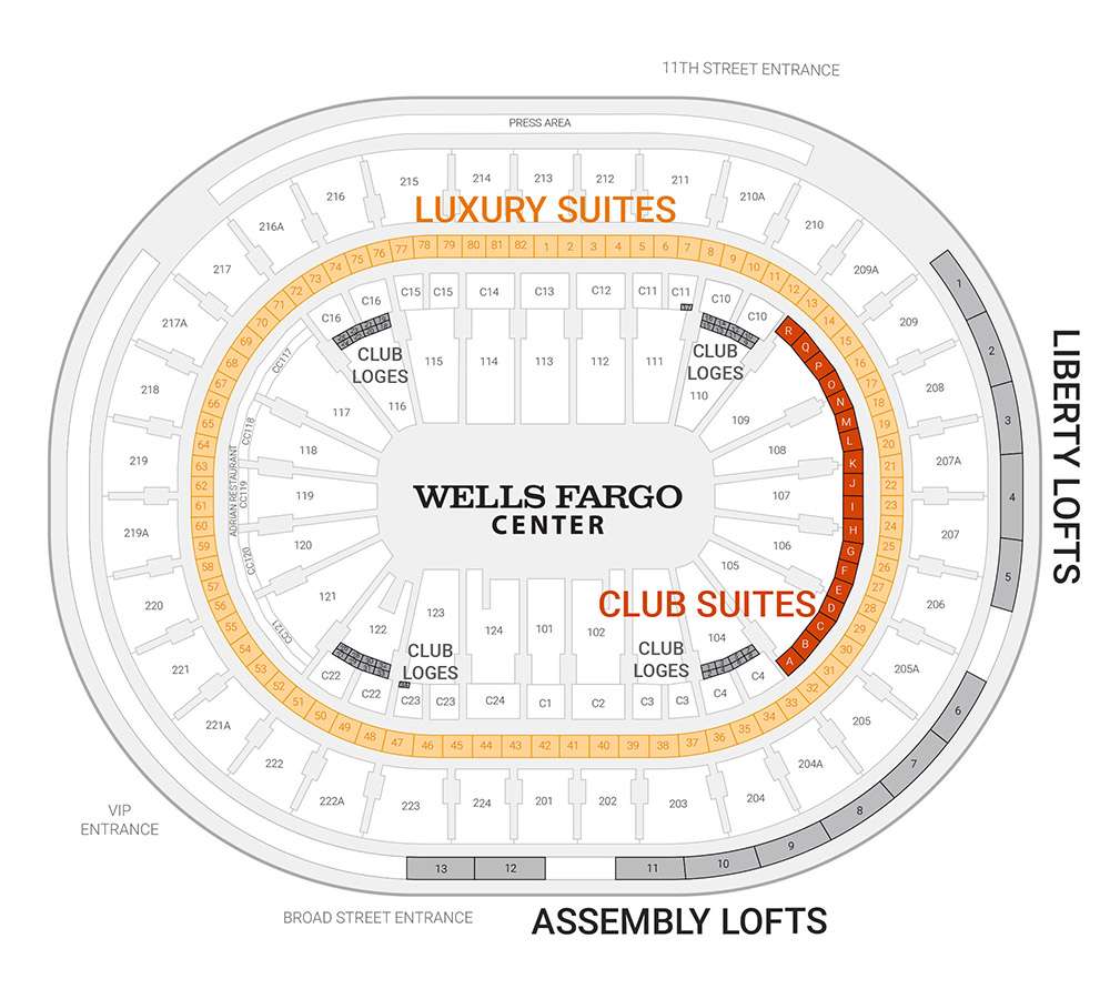 Map of the luxury suites at Wells Fargo Center, Philadelphia.