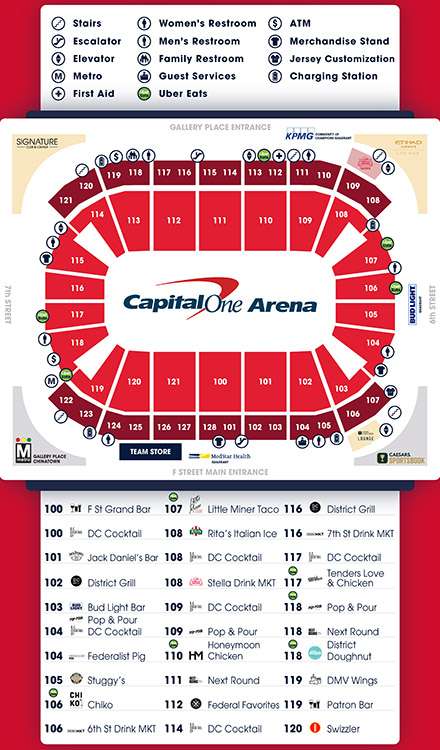 Map of the 100 Level Concessions at Capital One Arena, Washington D.C.