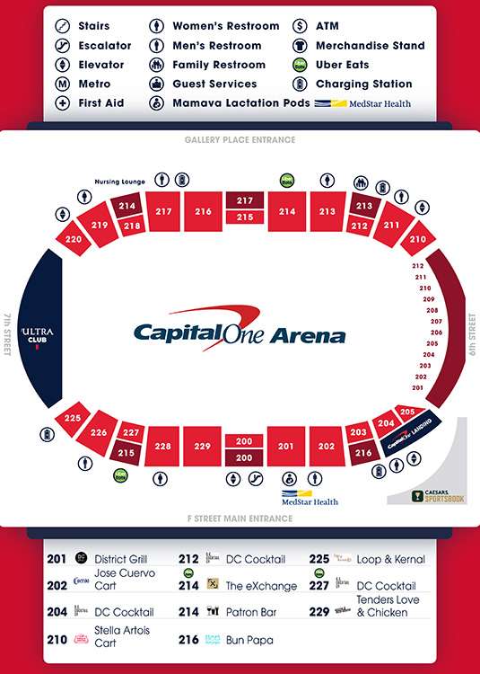 Map of the 200 Level Concessions at Capital One Arena, Washington D.C.