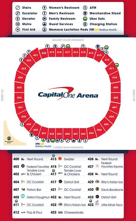 Map of the 400 Level Concessions at Capital One Arena, Washington D.C.