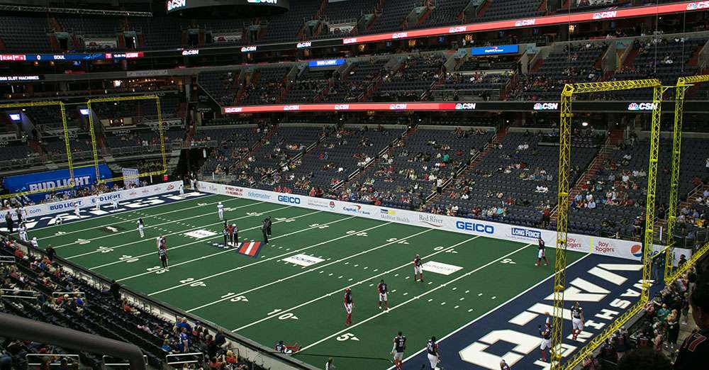 An arena football game taking place at Capital One Arena, Washington D.C.