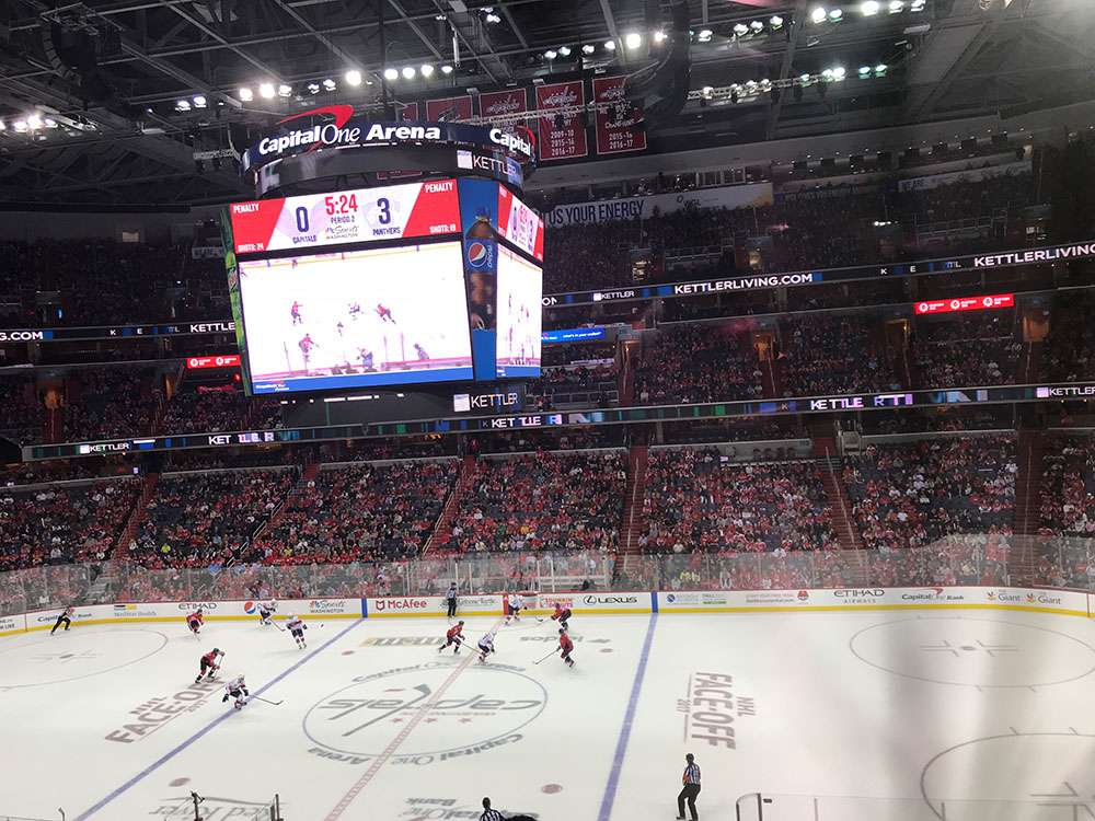 A Washington Capitals ice hockey game in progress at Capital One Arena, Washington D.C.