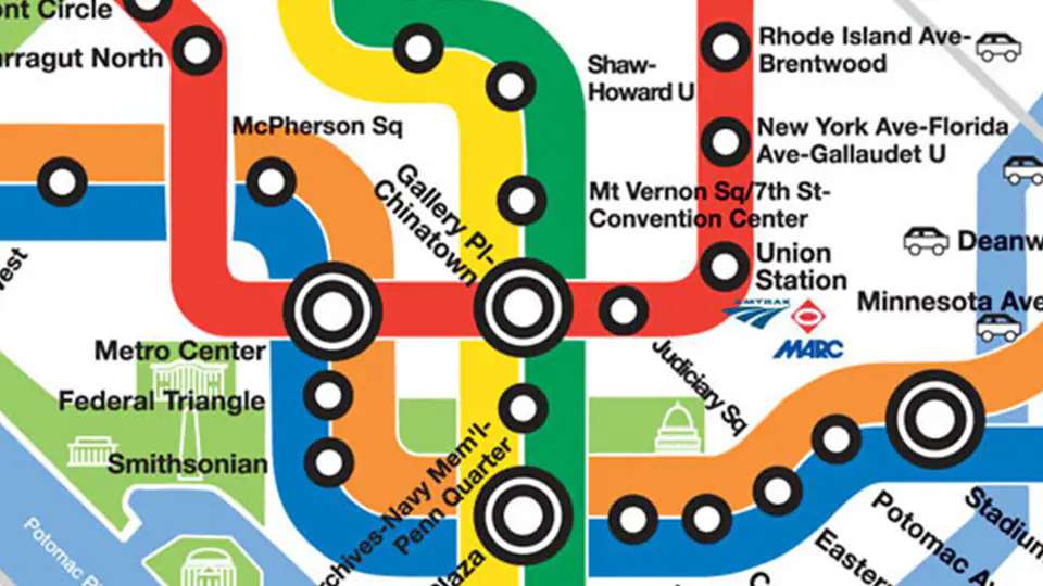 Graphic of the Washington Metro Map showing the Gallery Place Chinatown station.