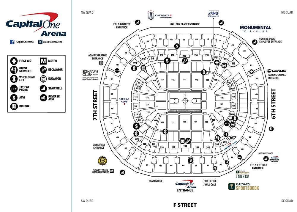 Seating Map for Basketball games at Capital One Arena, Washington D.C.